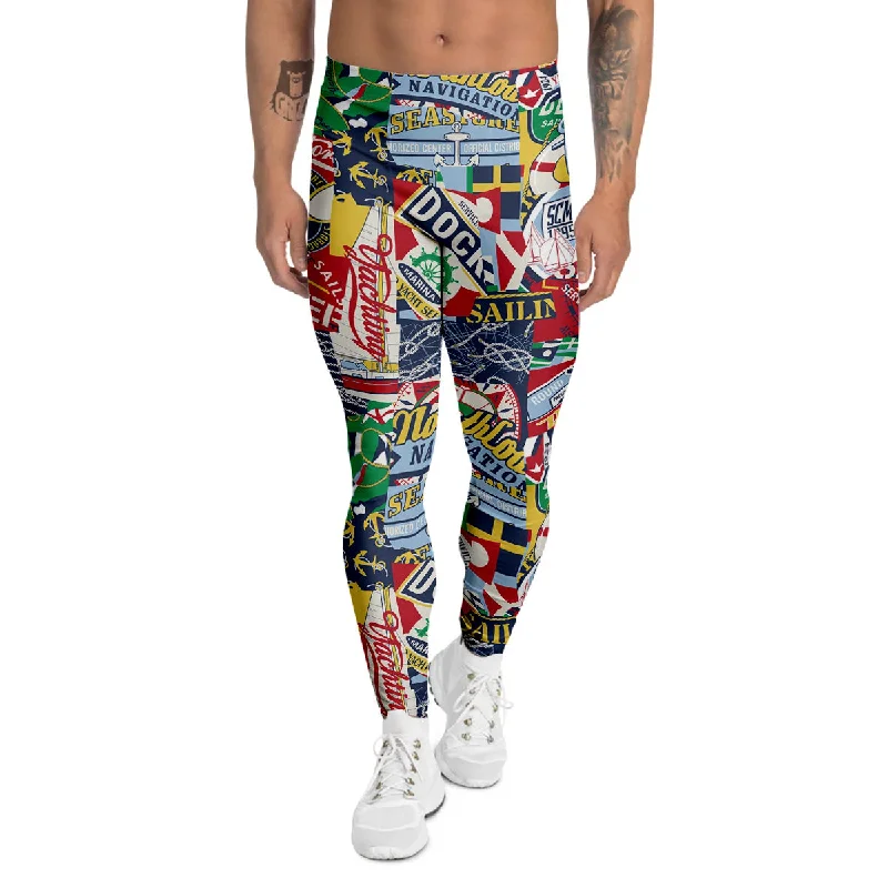 Deep Discounts Patchwork Vintage Nautical Print Pattern Men's Leggings