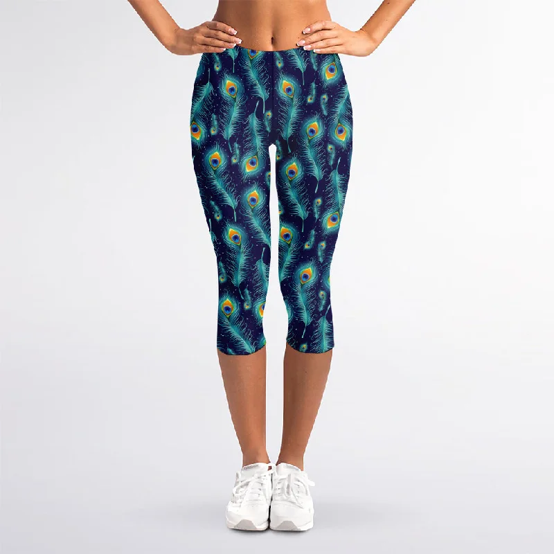 Price Reduction Peacock Feather Pattern Print Women's Capri Leggings
