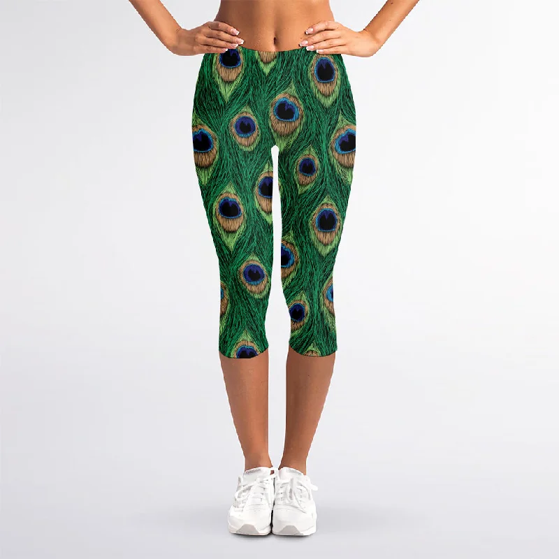 Lowest Price Peacock Tail Pattern Print Women's Capri Leggings