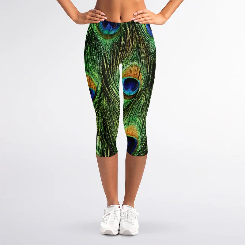 Closeout Peacock Tail Print Women's Capri Leggings