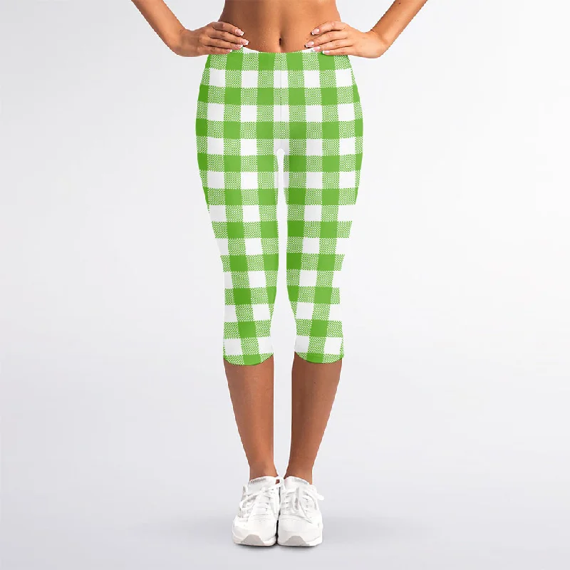 Huge Discounts Pear Green And White Gingham Print Women's Capri Leggings