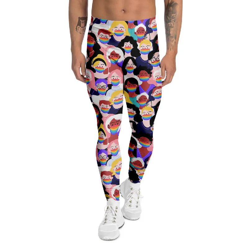Online Specials People And Rainbow Face Masks Print Pattern Men's Leggings