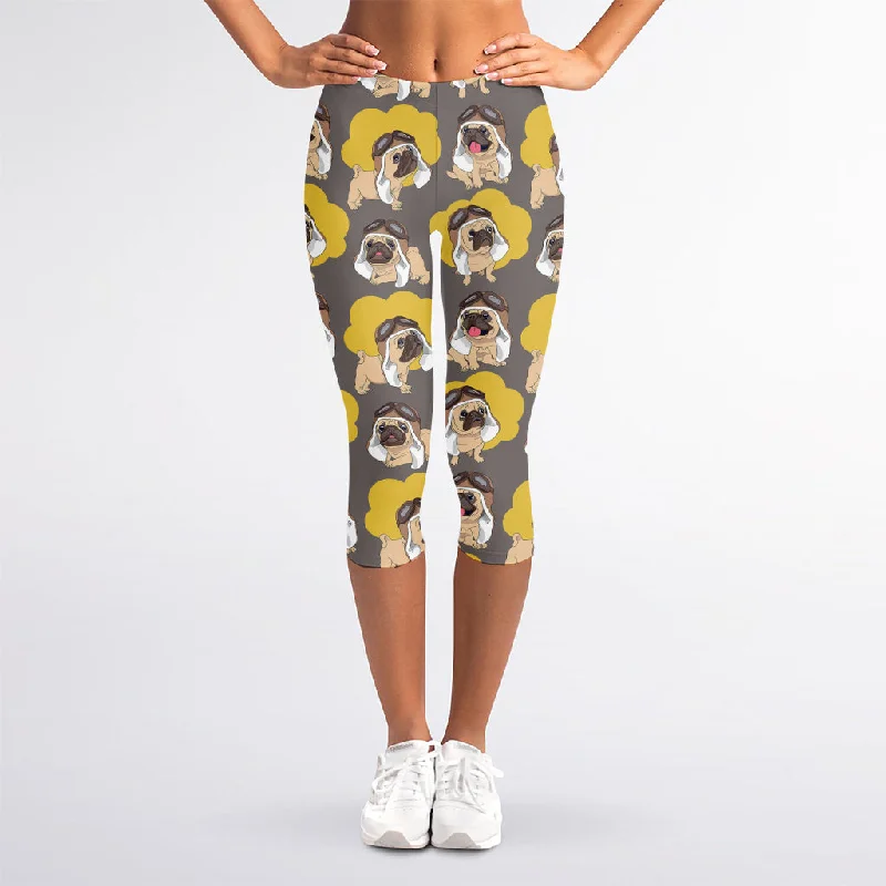 Crazy Savings Pilot Pug Pattern Print Women's Capri Leggings