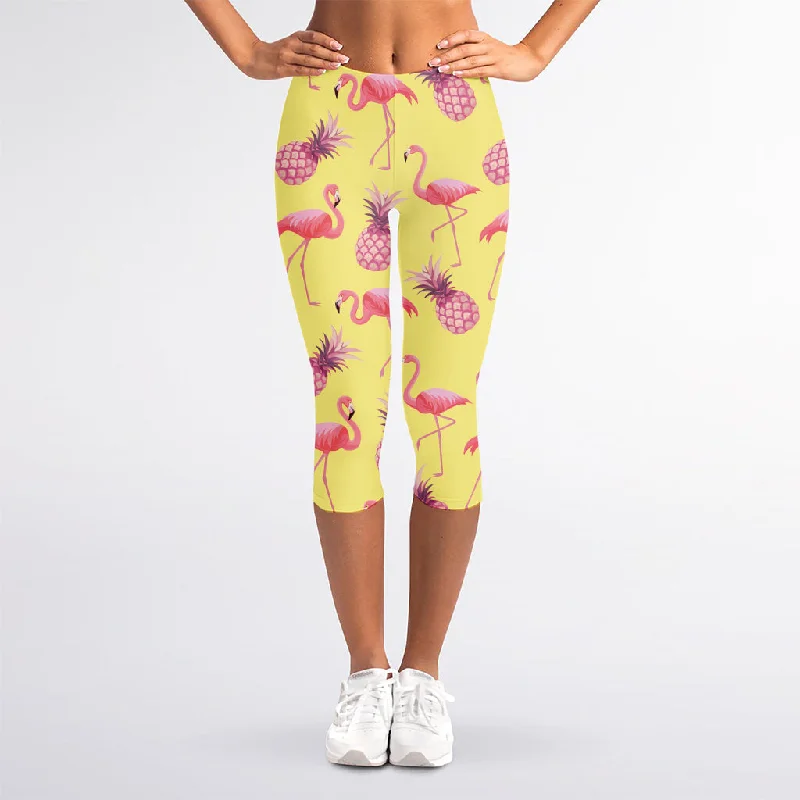 Buy More, Save More Pineapple And Flamingo Pattern Print Women's Capri Leggings