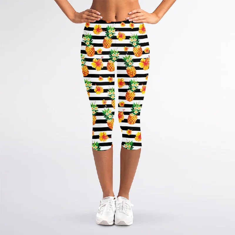 Best Deals Pineapple And Hibiscus Striped Print Women's Capri Leggings