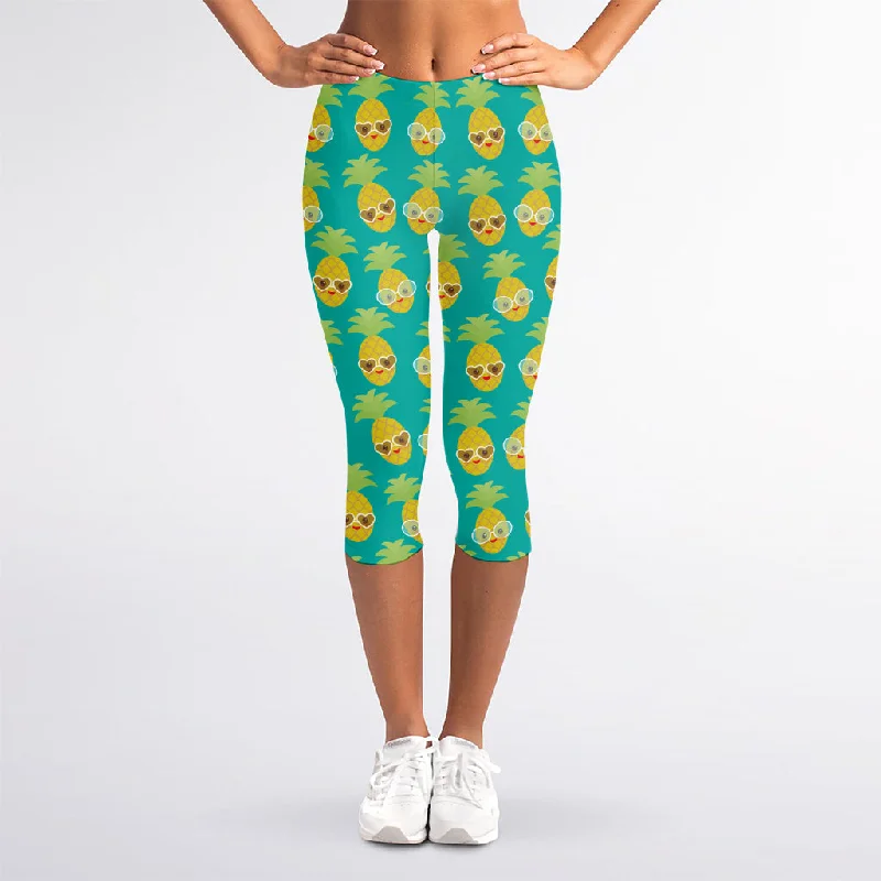 Super Bargain Pineapple Emoji Pattern Print Women's Capri Leggings
