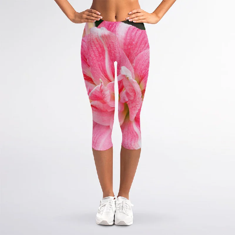Stock Clearance Pink Amaryllis Print Women's Capri Leggings