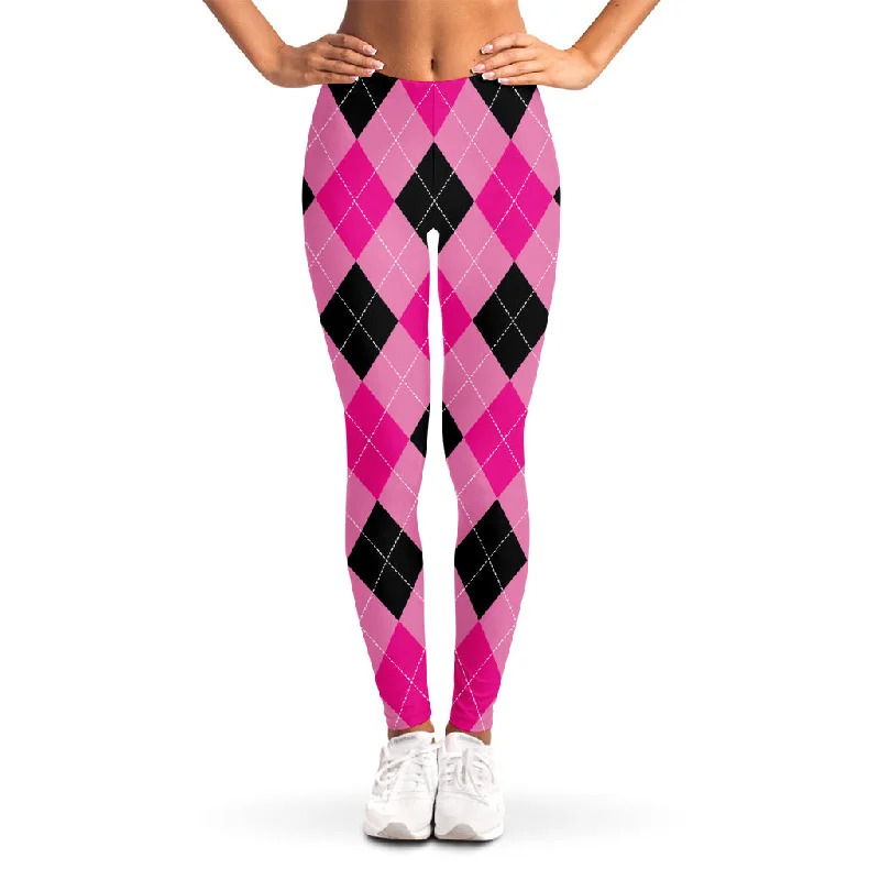 Limited Time Discount Pink And Black Argyle Pattern Print Women's Leggings