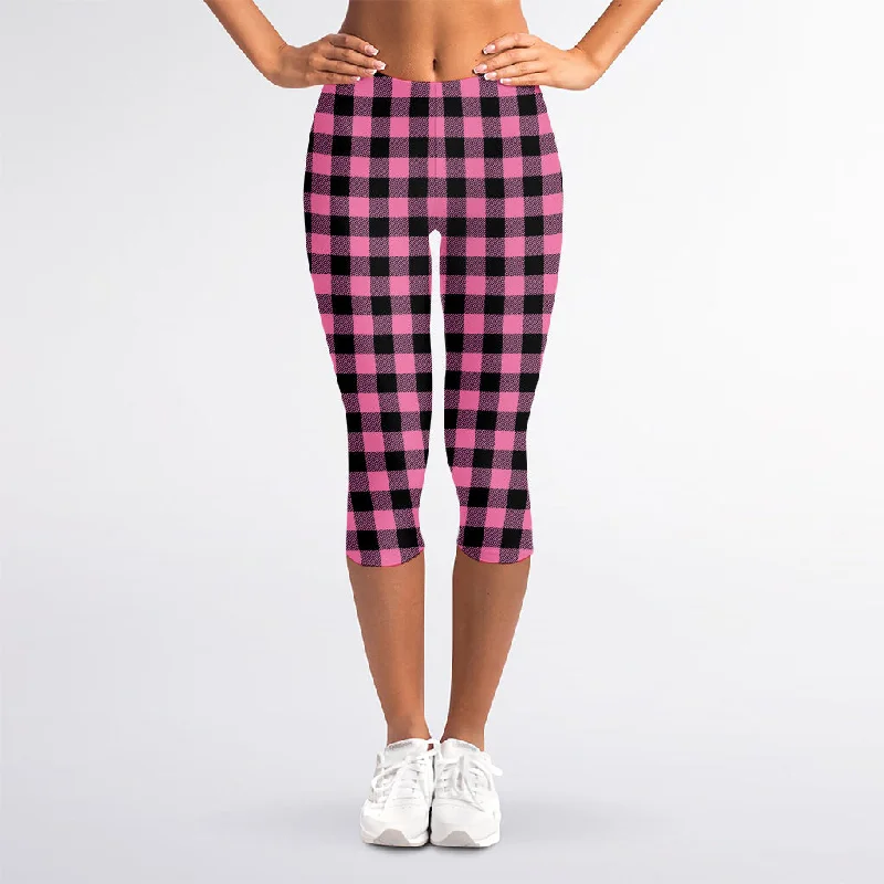 Special Discount Pink And Black Buffalo Check Print Women's Capri Leggings