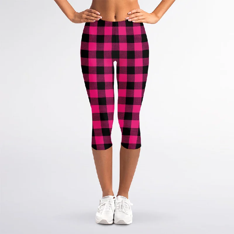 Exclusive Savings Pink And Black Buffalo Plaid Print Women's Capri Leggings