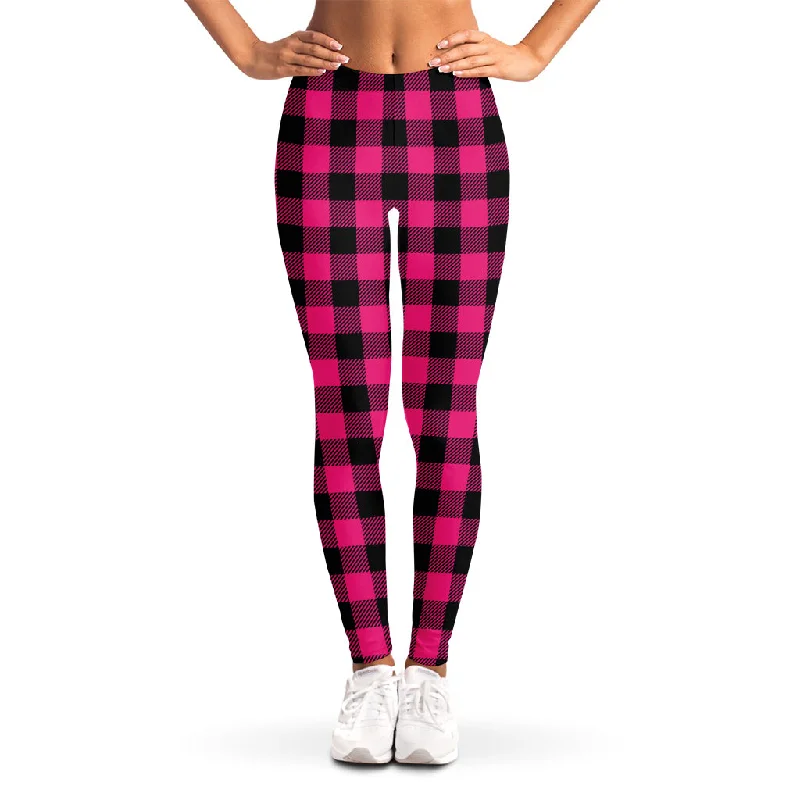 Exclusive Preview Pink And Black Buffalo Plaid Print Women's Leggings