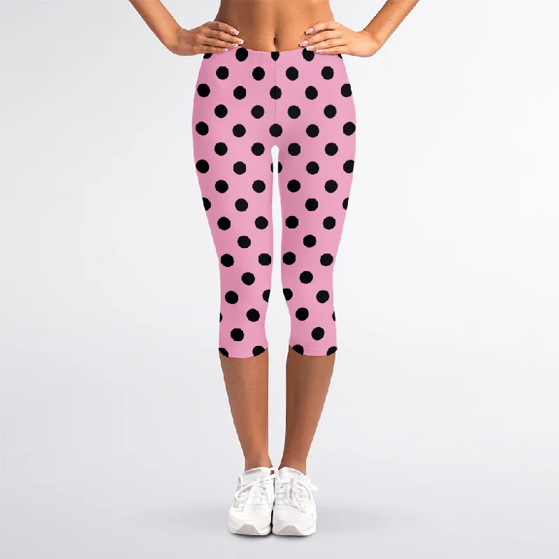 New Markdowns Pink And Black Polka Dot Pattern Print Women's Capri Leggings