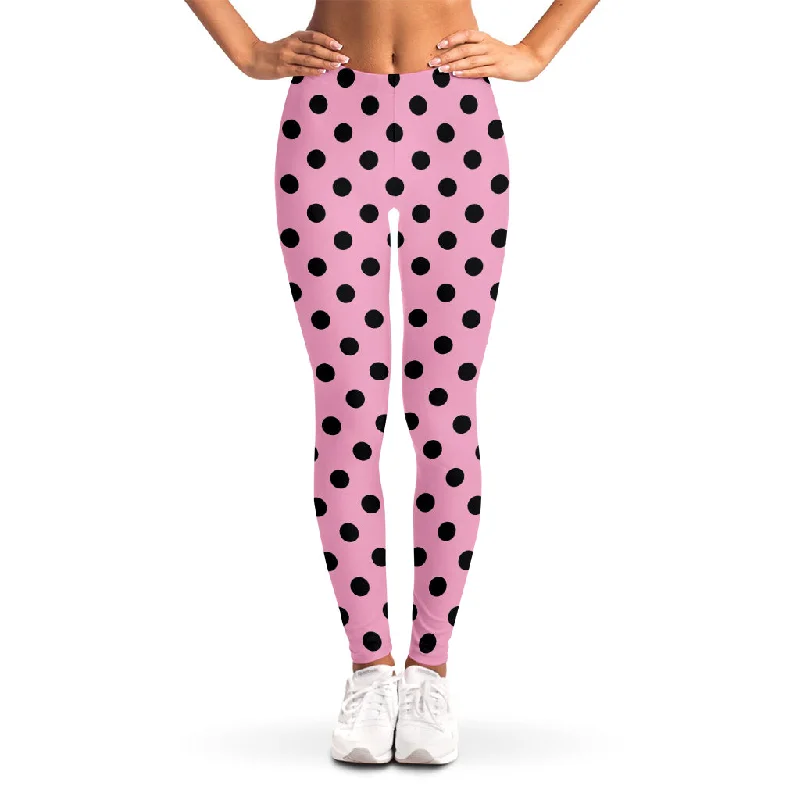 Instant Savings Pink And Black Polka Dot Pattern Print Women's Leggings