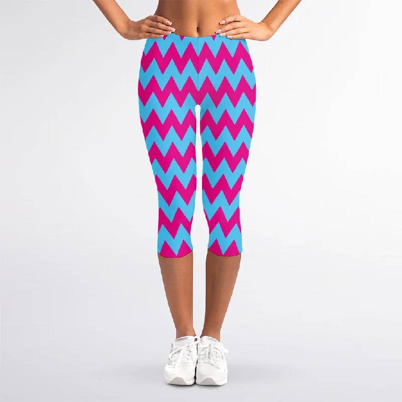 Final Clearance Pink And Blue Chevron Pattern Print Women's Capri Leggings