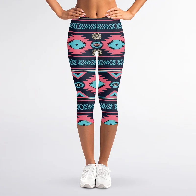 Buy Now Pink And Blue Southwestern Pattern Print Women's Capri Leggings