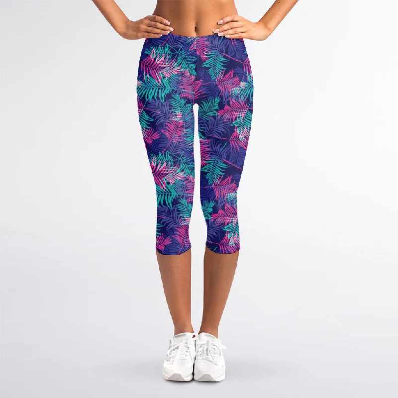 Deal Alert Pink And Blue Tropical Palm Leaf Print Women's Capri Leggings
