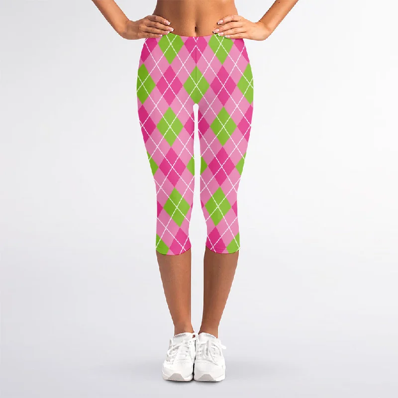 Deal Mania Pink And Green Argyle Pattern Print Women's Capri Leggings
