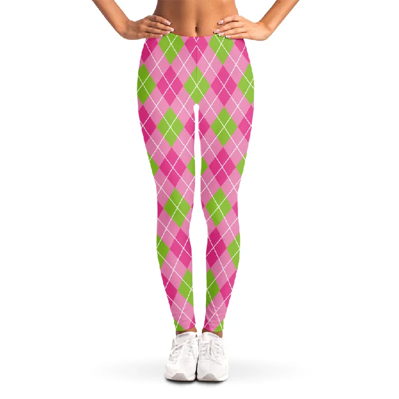 Exclusive Online Offer Pink And Green Argyle Pattern Print Women's Leggings