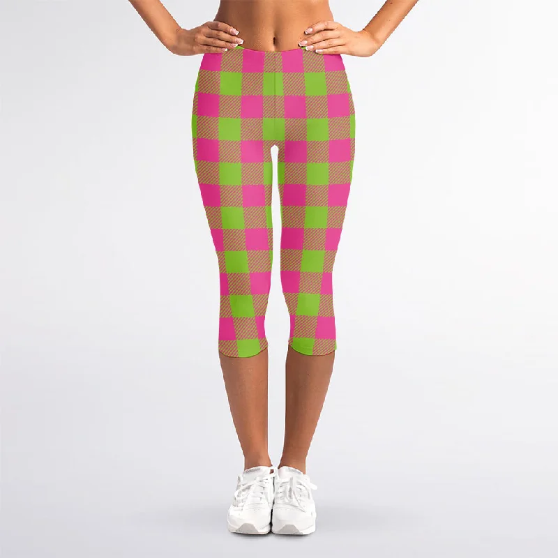 Bargain Blast Pink And Green Buffalo Plaid Print Women's Capri Leggings