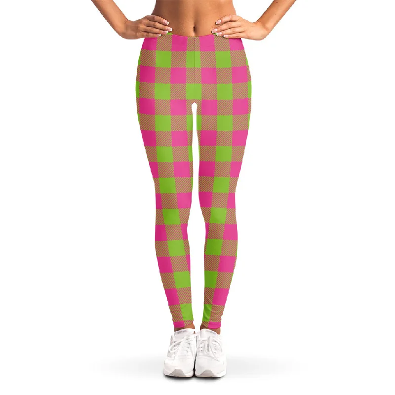Weekend Special Pink And Green Buffalo Plaid Print Women's Leggings