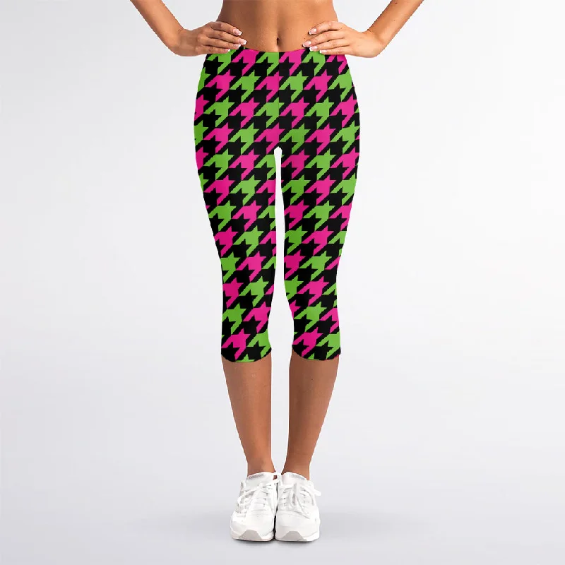 Factory Direct Sale Pink And Green Houndstooth Pattern Print Women's Capri Leggings