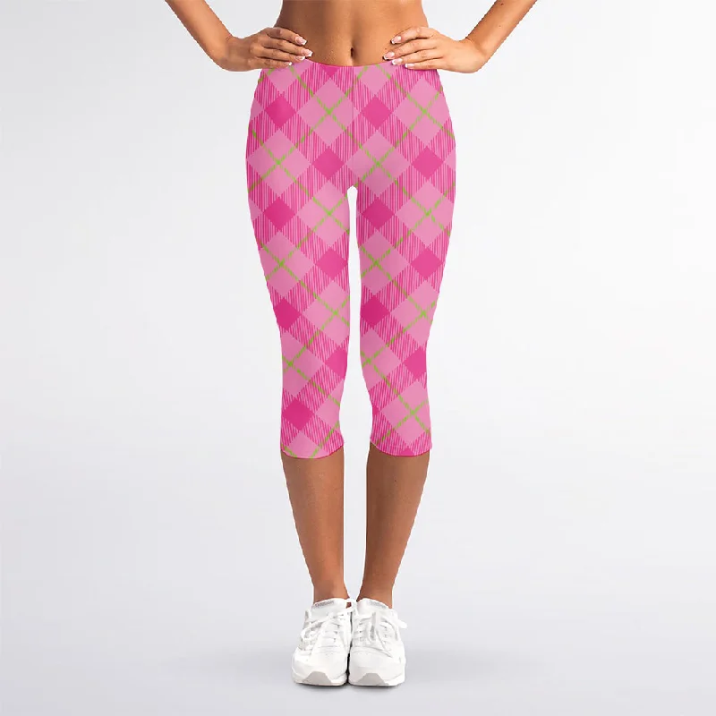 Savings Bonanza Pink And Green Plaid Pattern Print Women's Capri Leggings