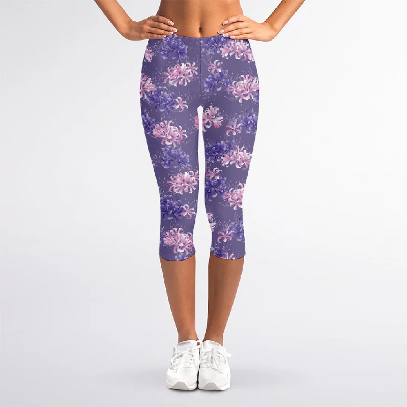 Savings Spectacular Pink And Purple Japanese Amaryllis Print Women's Capri Leggings