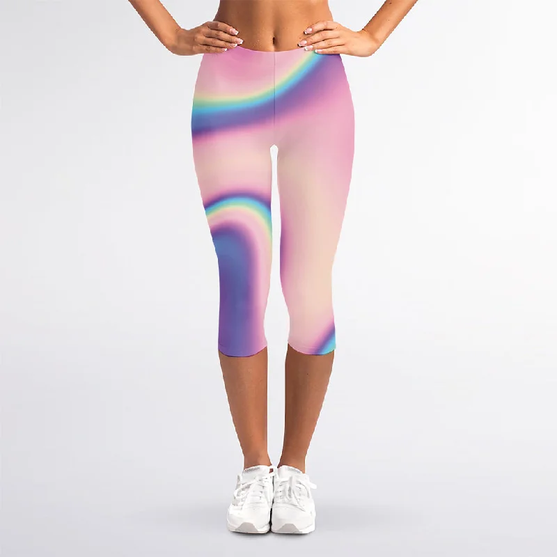 Bargain Bin Pink And Teal Holographic Print Women's Capri Leggings