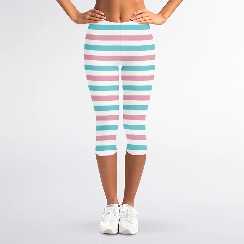 Blowout Sale Pink And Teal Striped Pattern Print Women's Capri Leggings