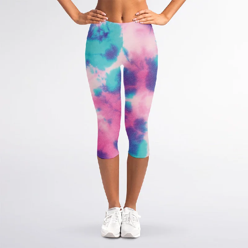 Online Exclusive Pink And Teal Tie Dye Print Women's Capri Leggings