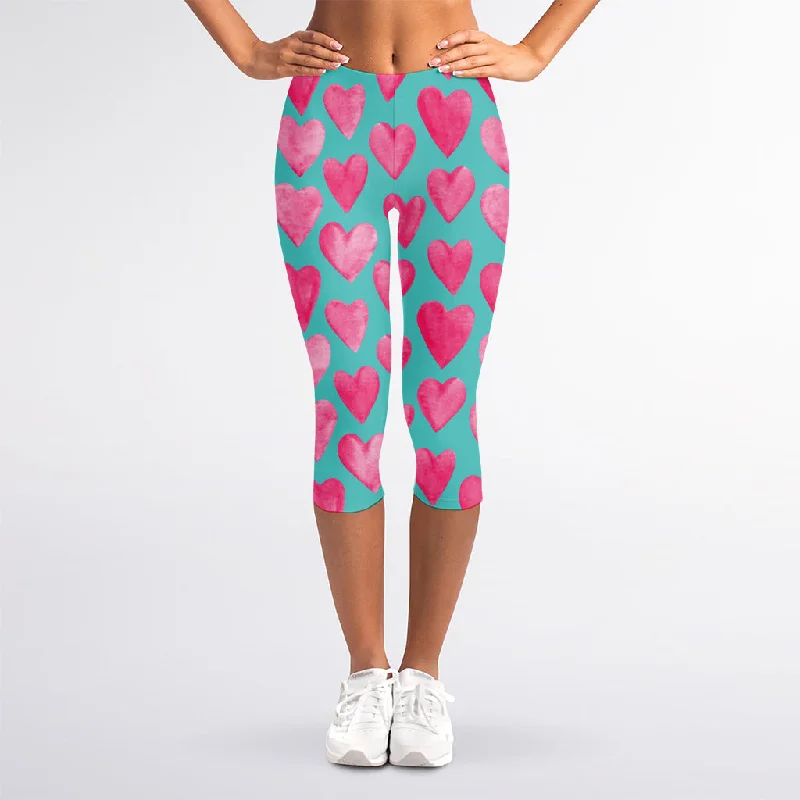 Sneak Peek Sale Pink And Teal Watercolor Heart Print Women's Capri Leggings
