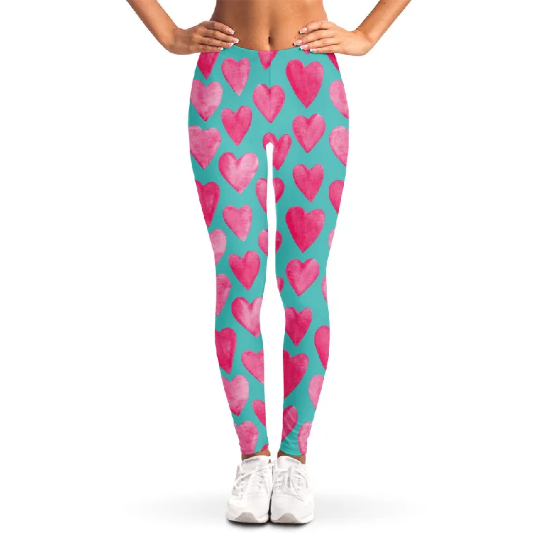 Price Reduction Pink And Teal Watercolor Heart Print Women's Leggings