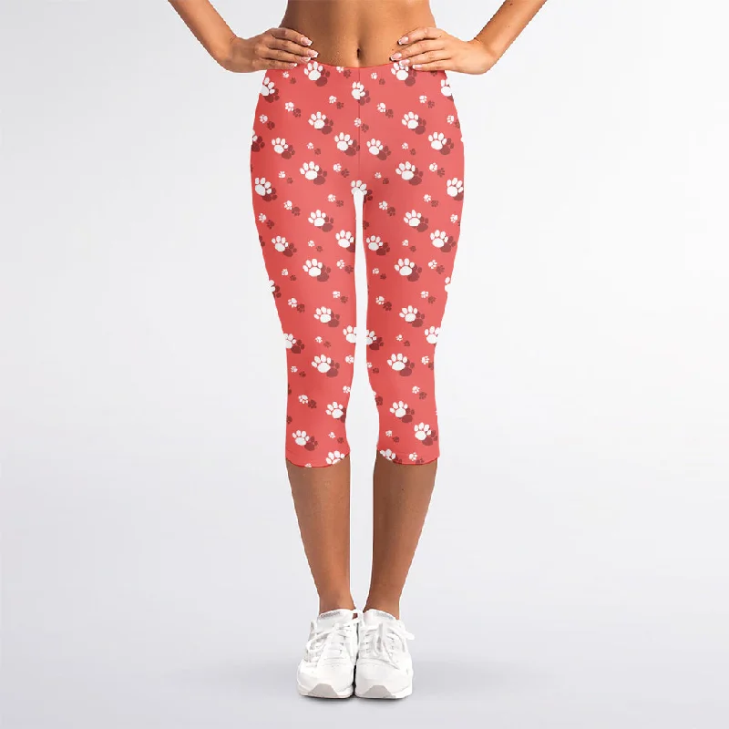 Loyalty Reward Pink And White Animal Paw Pattern Print Women's Capri Leggings
