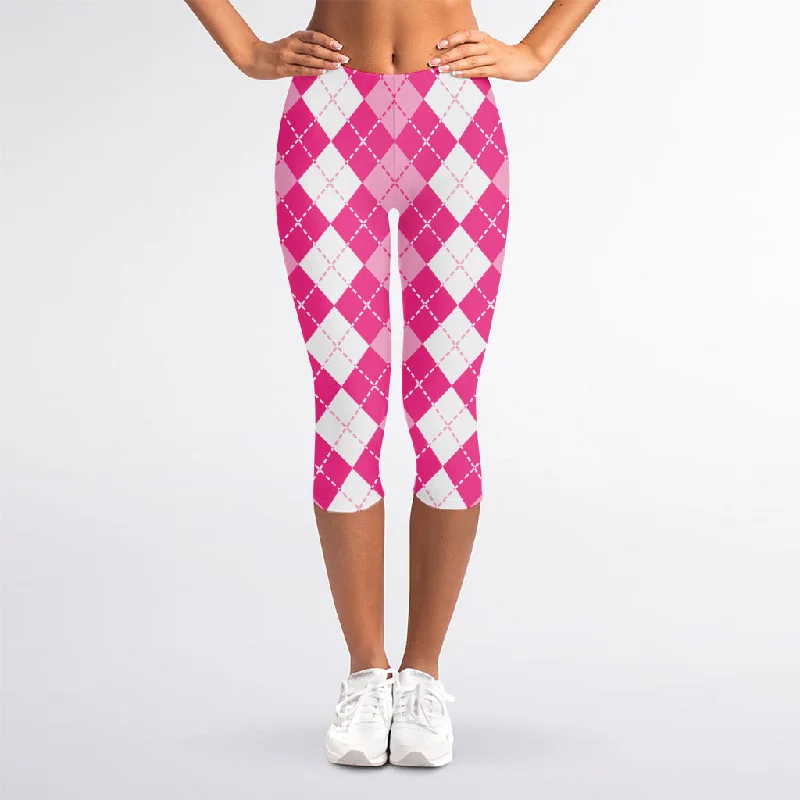 Friends and Family Sale Pink And White Argyle Pattern Print Women's Capri Leggings