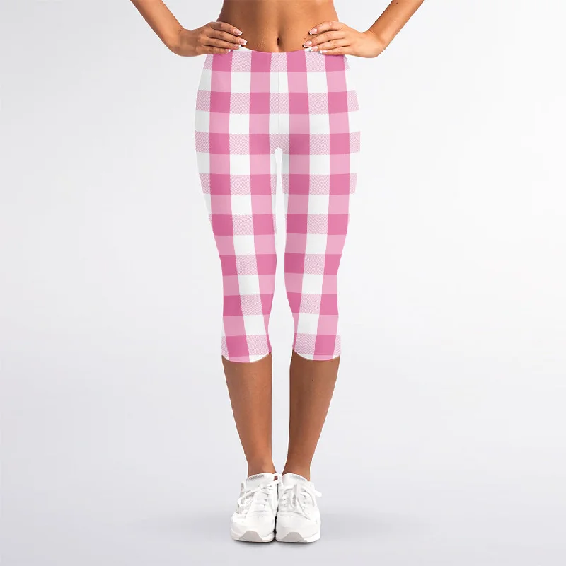 Limited Quantity Pink And White Check Pattern Print Women's Capri Leggings