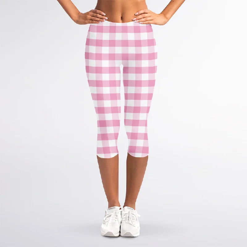 Clearance Event Pink And White Gingham Pattern Print Women's Capri Leggings