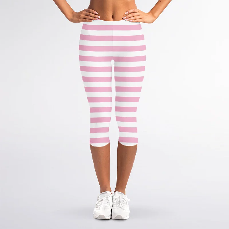 Early Bird Discount Pink And White Striped Pattern Print Women's Capri Leggings