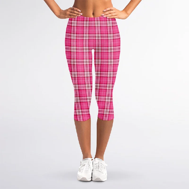 Holiday Sale Pink And White Tartan Pattern Print Women's Capri Leggings