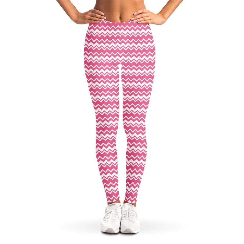 Extra Savings Pink And White Zigzag Pattern Print Women's Leggings