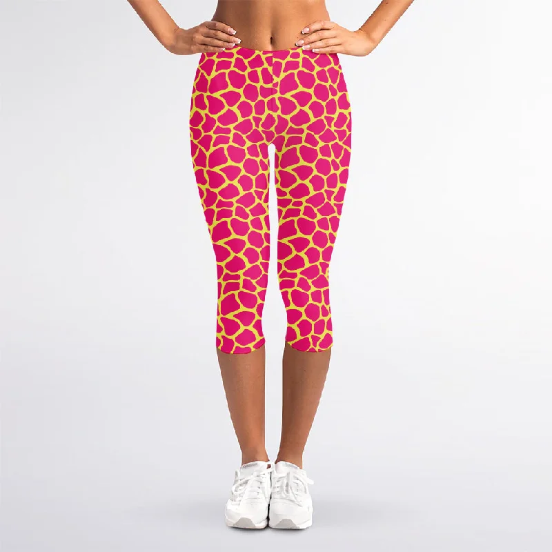 Limited Stock Pink And Yellow Giraffe Pattern Print Women's Capri Leggings
