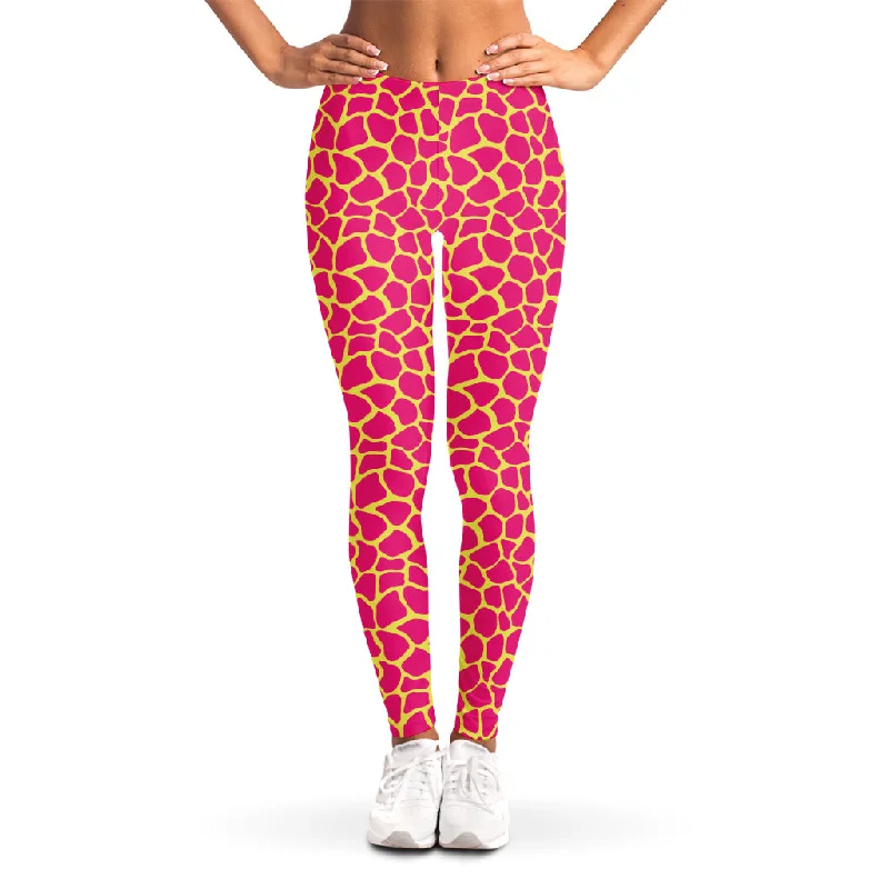 Early Access Pink And Yellow Giraffe Pattern Print Women's Leggings