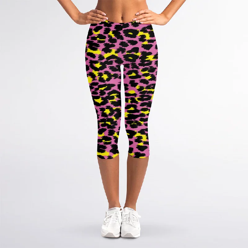 New Arrival Pink And Yellow Leopard Print Women's Capri Leggings