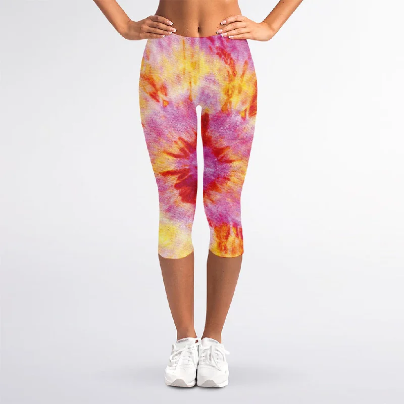 Weekend Deal Pink And Yellow Tie Dye Print Women's Capri Leggings