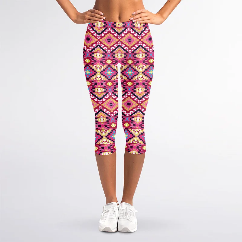 Unbeatable Prices Pink Aztec Geometric Pattern Print Women's Capri Leggings