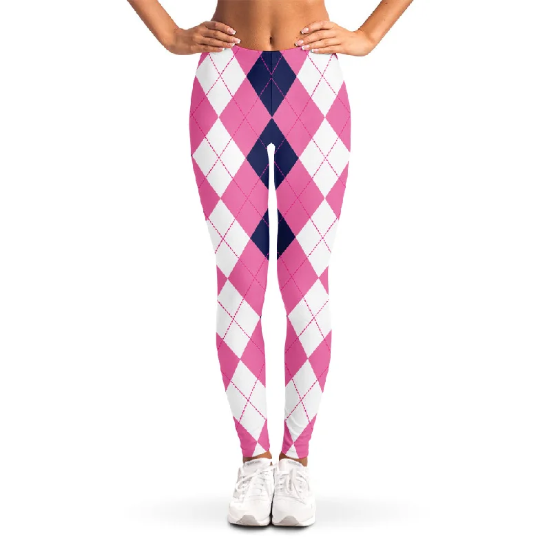 Buy More, Save More Pink Blue And White Argyle Pattern Print Women's Leggings