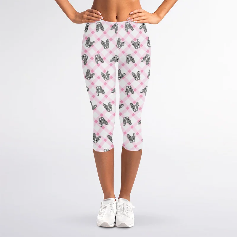 Sale Event Pink Boston Terrier Plaid Print Women's Capri Leggings