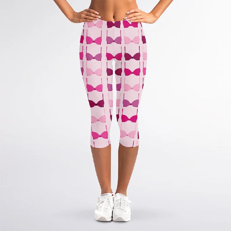 Super Deal Pink Bra Breast Cancer Pattern Print Women's Capri Leggings