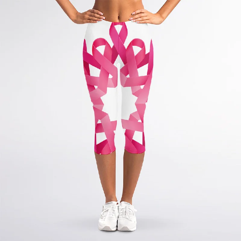 Price Cut Pink Breast Cancer Ribbon Flower Print Women's Capri Leggings