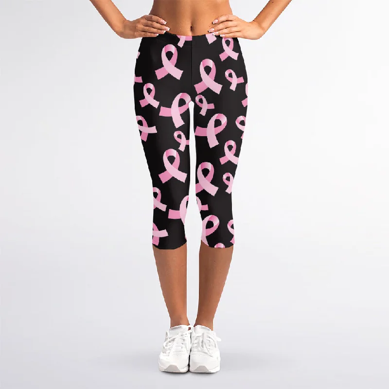 Lowest Price Pink Breast Cancer Ribbon Pattern Print Women's Capri Leggings
