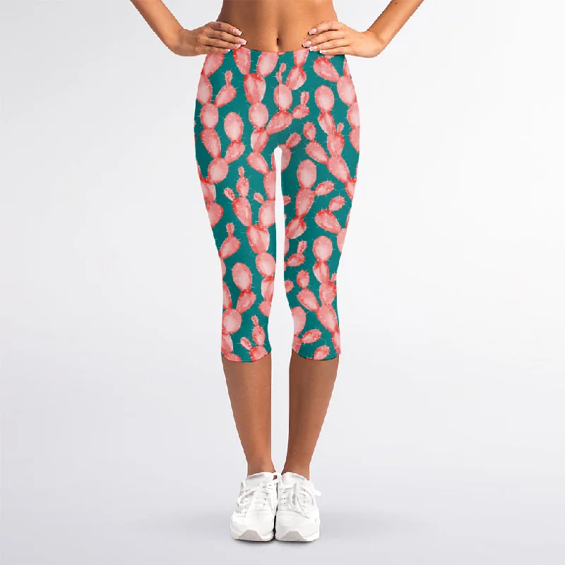 Don't Wait Pink Cactus Pattern Print Women's Capri Leggings